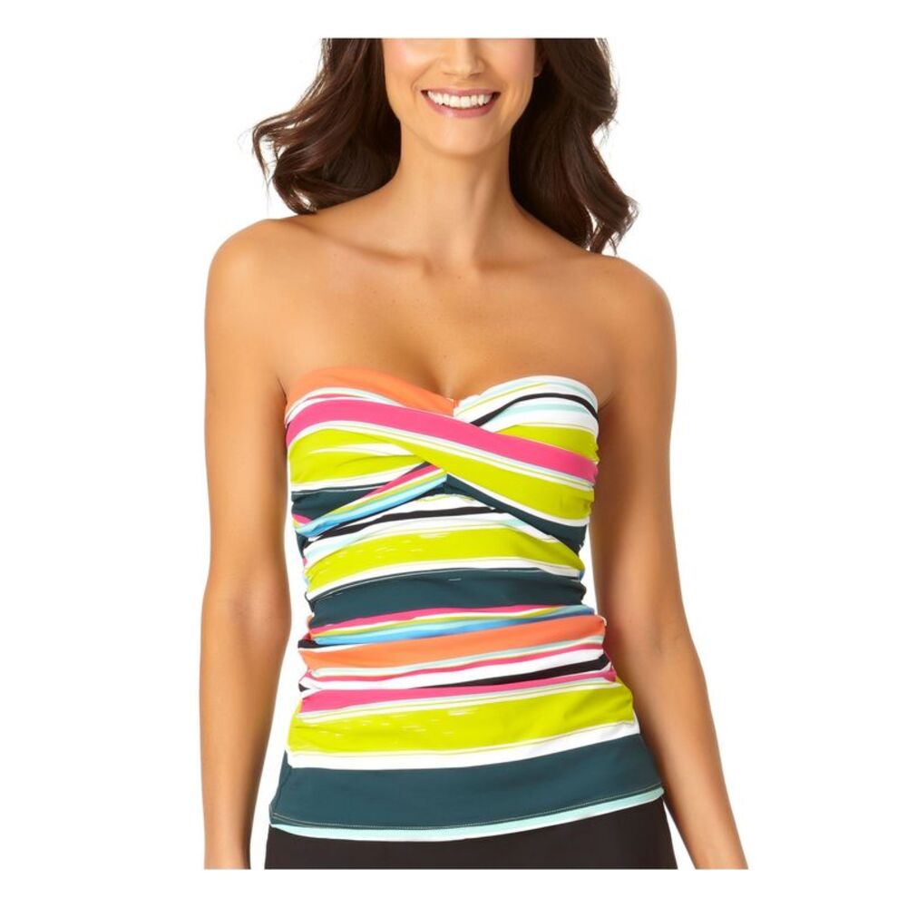 NWT ANNE COLE Women's Orange Multi-Stripe Bandeau Tankini Swimsuit Top XS
